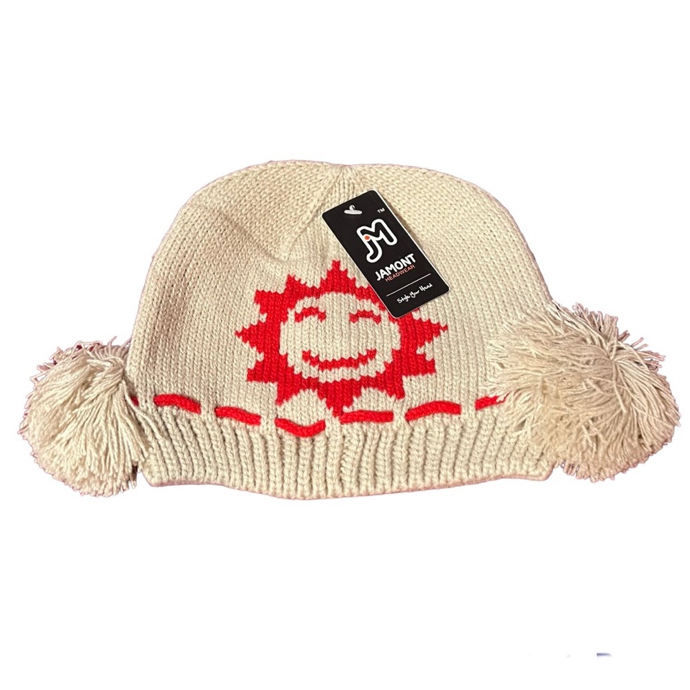 Jamont | Crochet Knit Multicolor Pom Pom Sun Happy Face Beanie